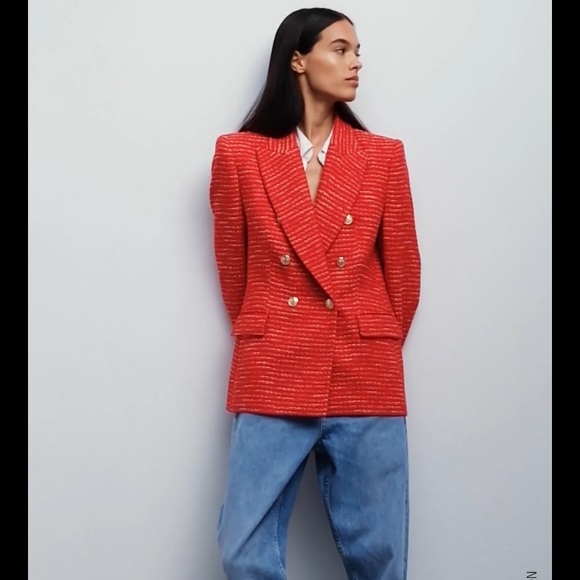 Red, textured double breasted blazer from Zara - NWT - Picture 9 of 14
